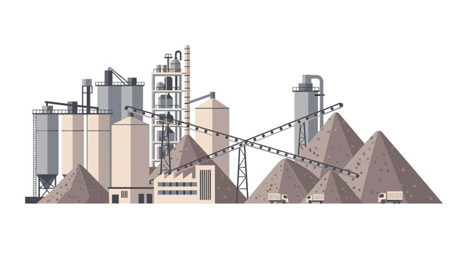 Large industrial cement plant complex features towering silos and intersecting conveyor belts in a busy quarry setting with bright soft natural lighting.