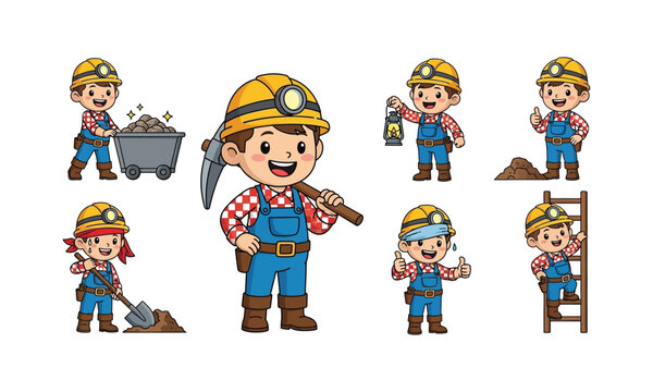 Cartoon miner character set with different poses and working tools.