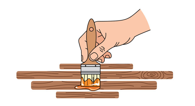 Human hand holds a wooden brush to apply a warm orange-toned finish onto a series of parallel wooden slats in a clean and bright minimalist art graphic.