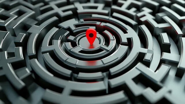 A red location marker sits at the center of a dark maze while highlighting the path to take for navigation