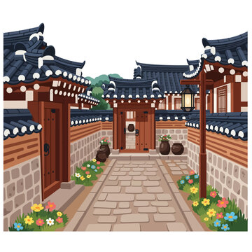 Traditional Korean Hanok Village Alleyway Illustration