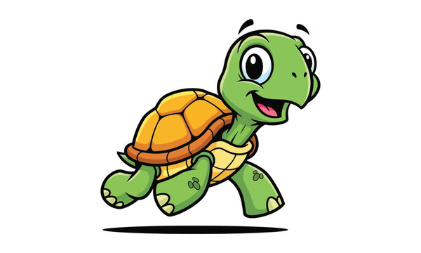 Cute cartoon running turtle vector with a happy expression and shell.