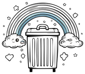 Obraz premium Cartoon trash can under a rainbow with clouds and stars, cheerful illustration