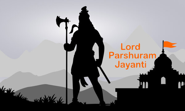  Lord Parshuram Jayanti grey minimal silhouette of Parashurama standing with axe beside ancient Hindu temple and flag against misty mountain backdrop, festival vector