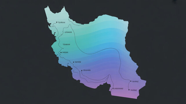 Illustrated iran map with city markers and colorful topographic gradient bands for design.