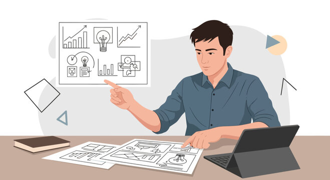 Man pointing at business strategy charts and website wireframes on desk