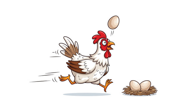 Funny cartoon chicken running after a flying egg to its nest with eggs.