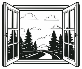Obraz premium Open window revealing a scenic landscape with pine trees, a winding road, and mountains