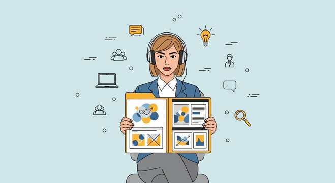Customer service agent with headset and presentation folder, online support and business concept
