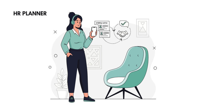 HR Planner App: Woman with headphones uses smartphone for HR tasks, virtual handshake icon