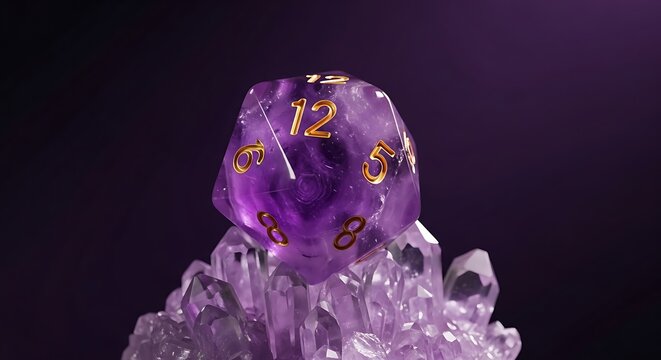A beautiful purple 12 sided dice made of translucent crystal sitting on a cluster of amethyst crystals against a deep dark purple background close up