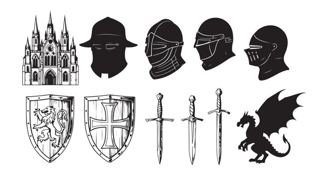 Gothic castle medieval armor shields swords dragon silhouette set knight helmet iconic fantasy.