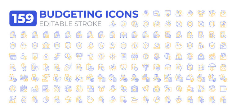 Budgeting two color two color line icons big set. Plan manage money, time and resources. Financial management bicolor outline mega pack isolated, pixel perfect. Duotone thin lineart. Editable stroke