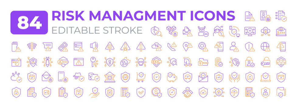 Risk management two color two color line icons big set. Protection. Identifying controlling potential threats bicolor outline mega pack isolated, pixel perfect. Duotone thin lineart. Editable stroke