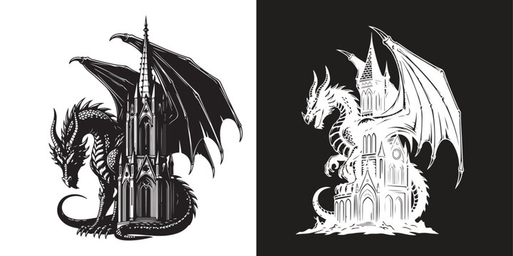 Dragon vector drawing for tattoo or t-shirt design black and white drawing dragon with wings on gothic castle.