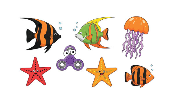 Set of cute sea creatures vector illustration on white background.