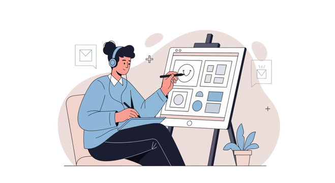 Designer creating wireframes on tablet, web design concept, illustration