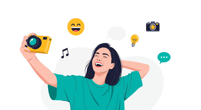 Happy Woman Taking Selfie with Camera, Emojis, Lightbulb, Music Notes, Chat Bubbles