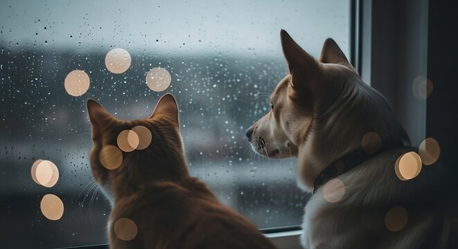 Cat and dog looking out of a window in the rain