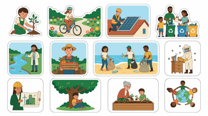 Naklejka premium Diverse group of people engaging in various environmental conservation and sustainable living activities.