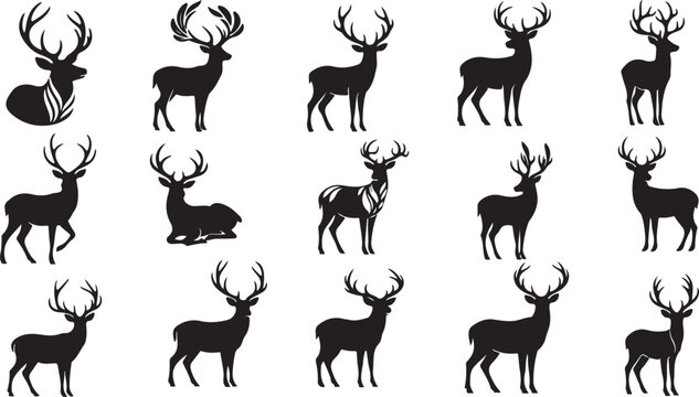 Collection of deer silhouettes in various poses and sizes