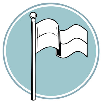 Vector graphic illustration of a white flag on a flagpole with a light blue circular background