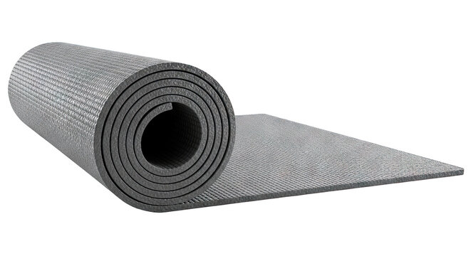 Rolled Up Dark Gray Exercise Mat on White Background
