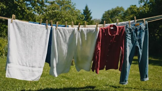 Crisp white towels, blue denim jeans, and a vibrant red shirt gently sway on a clothesline outdoors, illuminated by bright sunshine on a clear day, showcasing a serene domestic