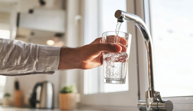 A person fills a clear glass with water from a modern kitchen faucet near a bright window.