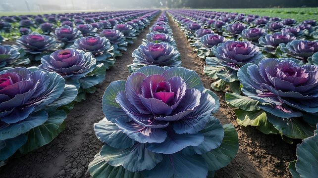 Vibrant Purple Cabbage Field Organic Farm Vegetable Plantation Aerial Perspective Photo