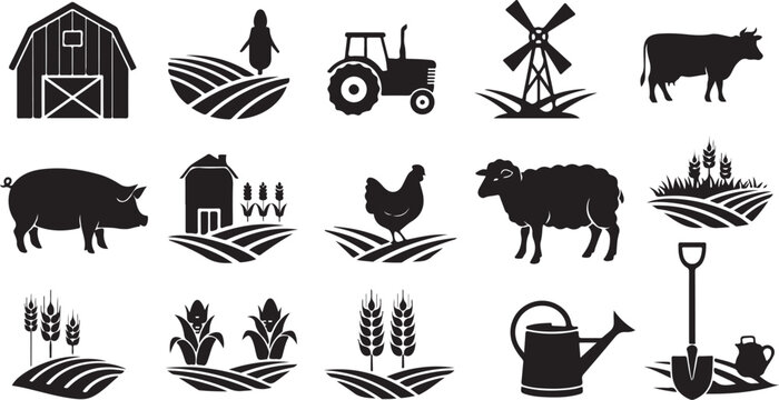 Farm Icons and Symbols in Black and White Color Scheme