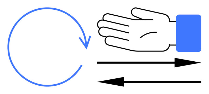 Workflow, process automation, direction, teamwork, efficiency, repetitive tasks. A circular arrow next to a hand with arrows indicating direction. Workflow and process automation concepts