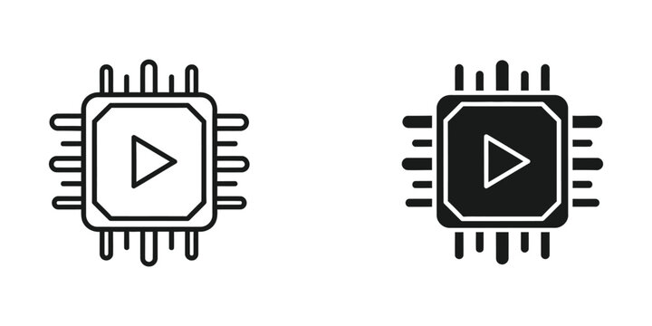 Contrast between active and inactive processor or media playback icons with circuit pins