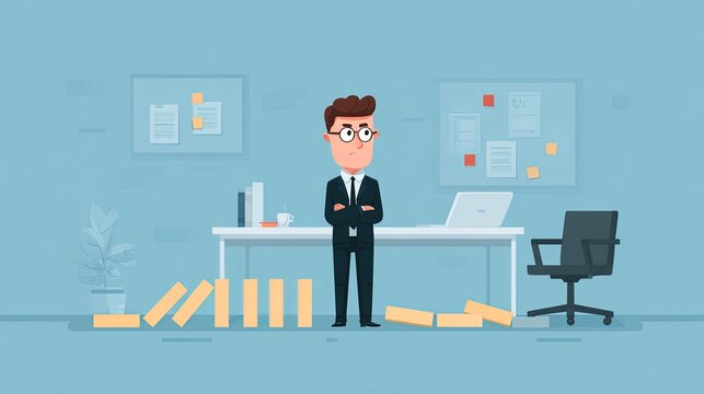 Businessman standing in front of falling dominoes in office, business concept of failure and crisis management, flat vector illustration