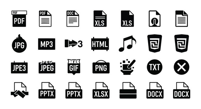 A collection of common file type icons displayed in black including pdf jpeg html and doc formats silhouette high quality