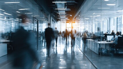 Fototapeta premium Motion Blur Corporate Hallway of Business People Walking Modern Interior
