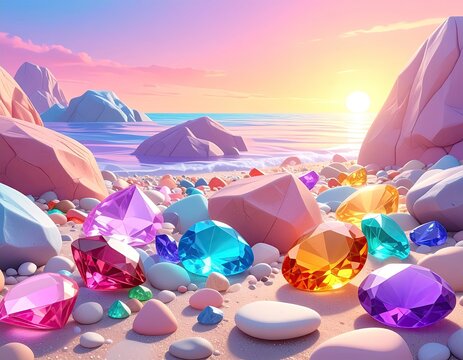 Gems sparkle on a beach at sunrise