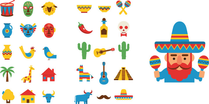 Set of Mexican-Themed Icons Including Drums, Guitars, Cacti, Maracas, Sombreros, and Cultural Elements for Fiesta and Celebration Designs