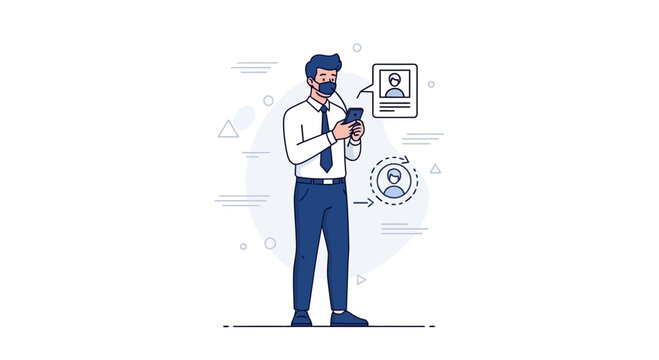 Man in Mask Using Smartphone for Contact Tracing or Social Distancing App