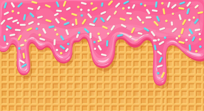 A vibrant pink frosting generously drips along a crispy, golden-brown waffle cone texture, playfully adorned with an assortment of sweet colorful sprinkles in bright shades of blue, yellow, and white
