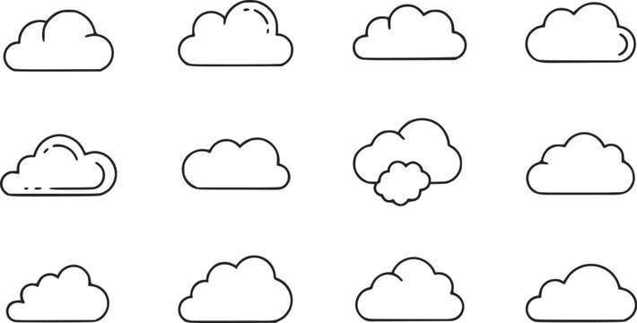 Set of twelve hand-drawn cloud with black outlines on a plain white background weather
