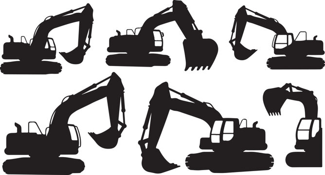 Silhouettes of excavators in various positions and angles on white