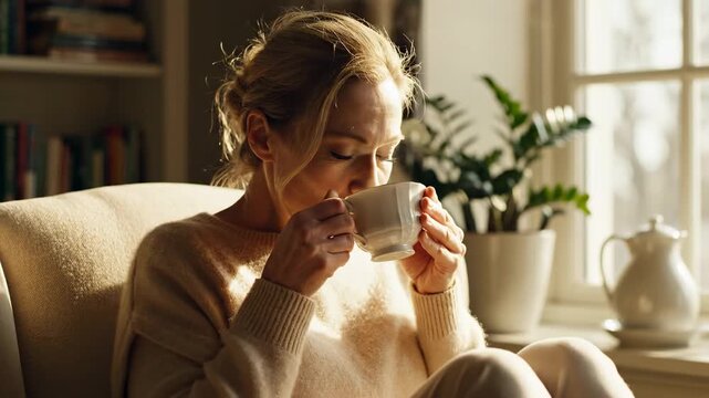 Serene woman relaxing at home sipping warm beverage in comfortable armchair near window enjoying cozy morning sun bathed interior