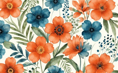 Obraz na płótnie Canvas Vibrant orange and blue flowers with green leaves in a watercolor