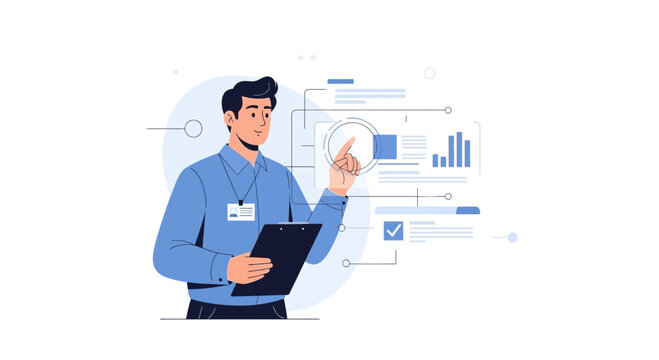 Man in blue shirt with clipboard analyzing charts and data on a futuristic interface