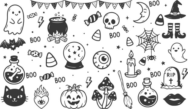cute hand-drawn Halloween icon set, hand drawn icons of carved pumpkin, skull, witch hat, black cat, spiderweb, potion jar, mashroom