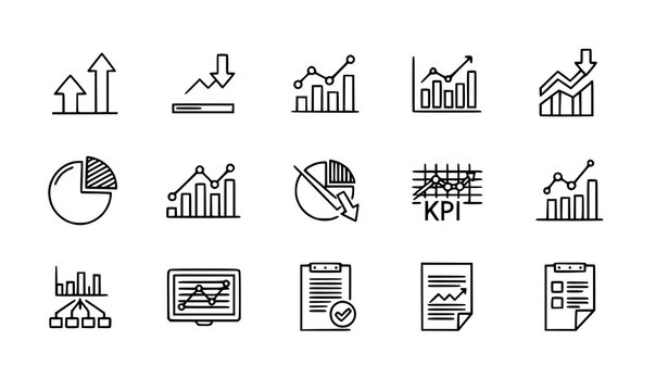 Increase and decrease graph line icon set with arrows chart diagram and data statistics vector