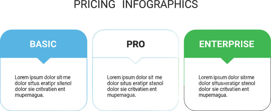 Pricing infographic vector with basic pro and enterprise plans layout for subscription comparison business website pricing page and marketing presentation
