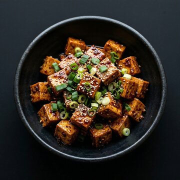 Dubu jorim 두부조림  cubes in spicy soy glaze with green onions, black dish, solid black background.