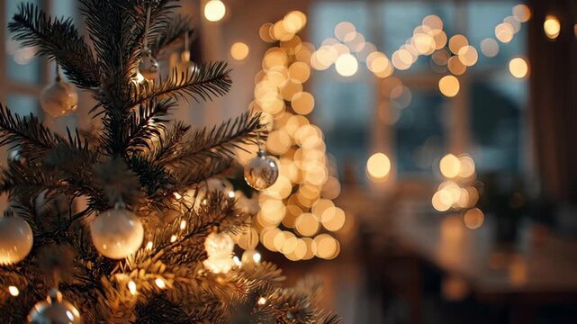 Decorated Christmas tree with warm glowing lights and blurred bokeh background indoors